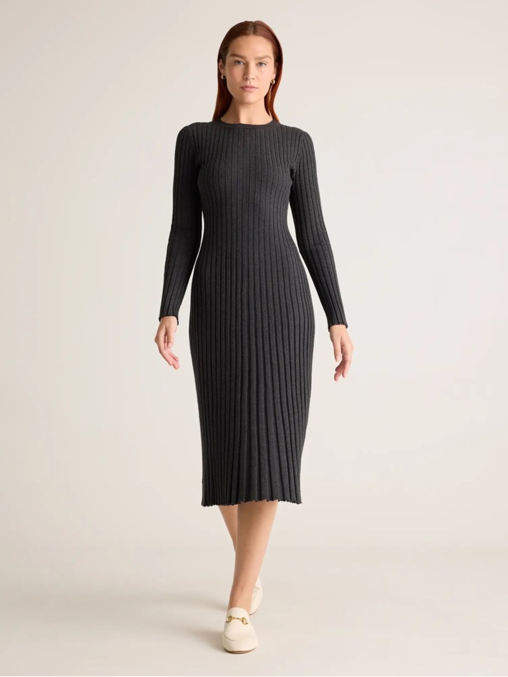 Quince Cotton Cashmere Ribbed Long Sleeve Crew Midi Dress Medium Charcoal Gray